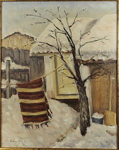 ȘTEFANIA MANOLIU (BEREILH) (1887 - 1972) Drying carpet in winter scenery